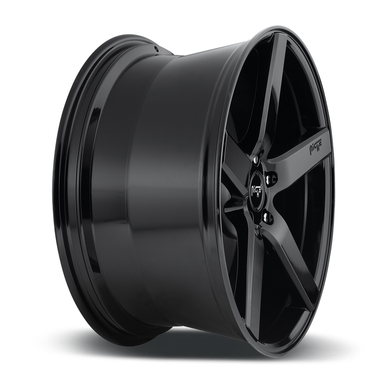 Side view of a Niche Milan monoblock cast aluminum 5 smooth spoke automotive wheels in a gloss black finish with an embossed Niche logo on one spoke and a Niche silver logo center cap.