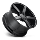 Tilted side view of a Niche Milan monoblock cast aluminum 5 smooth spoke automotive wheels in a gloss black finish with an embossed Niche logo on one spoke and a Niche silver logo center cap.