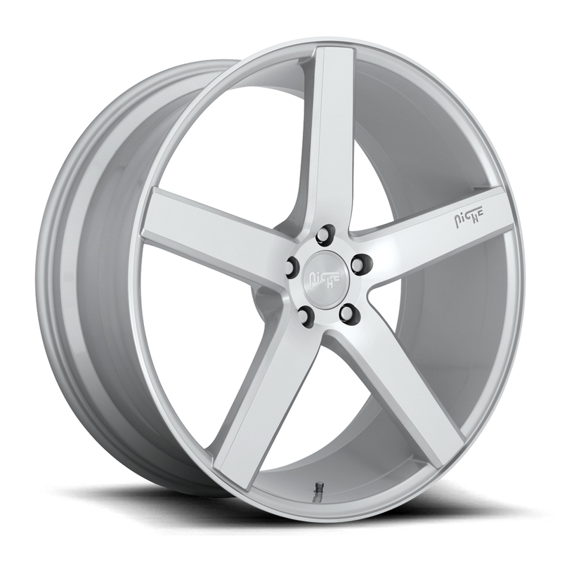 Niche Milan monoblock cast aluminum 5 spoke automotive wheel in a machined gloss silver finish with Niche logo on one spoke and a Niche logo center cap.