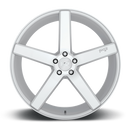 Front face view of a Niche Milan monoblock cast aluminum 5 spoke automotive wheel in a gloss silver machined finish with an embossed Niche logo in one spoke and a Niche logo center cap.