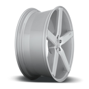 Side view of a Niche Milan monoblock cast aluminum 5 spoke automotive wheel in a gloss silver machined finish with an embossed Niche logo in one spoke and a Niche logo center cap.