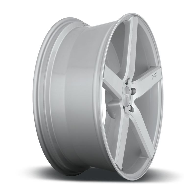 Side view of a Niche Milan monoblock cast aluminum 5 spoke automotive wheel in a gloss silver machined finish with an embossed Niche logo in one spoke and a Niche logo center cap.
