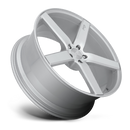 Tilted side view of Niche Milan monoblock cast aluminum 5 spoke automotive wheel in a gloss silver machined finish with an embossed Niche logo in one spoke and a Niche logo center cap.