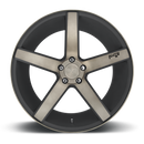 Front face view of a Niche Milan monoblock cast aluminum 5 spoke automotive wheel in a matte black machined double dark tint finish with an embossed Niche logo in one spoke and a Niche silver logo center cap.