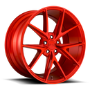 Niche Misano monoblock cast aluminum 5 V shape double spoke automotive wheel in a candy red finish with a Niche logo center cap.