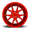 Front face view of a Niche Misano monoblock cast aluminum 5 double V-shape spoke automotive wheel in candy red finish with a Niche logo center cap.