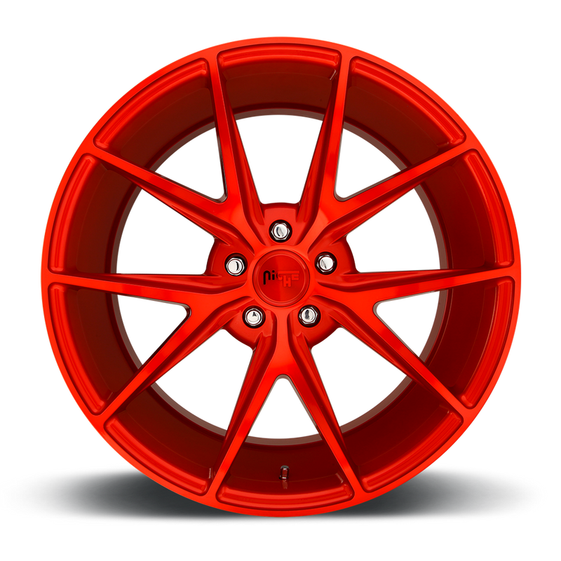Front face view of a Niche Misano monoblock cast aluminum 5 V shape double spoke automotive wheel in a candy red finish with a Niche logo center cap.