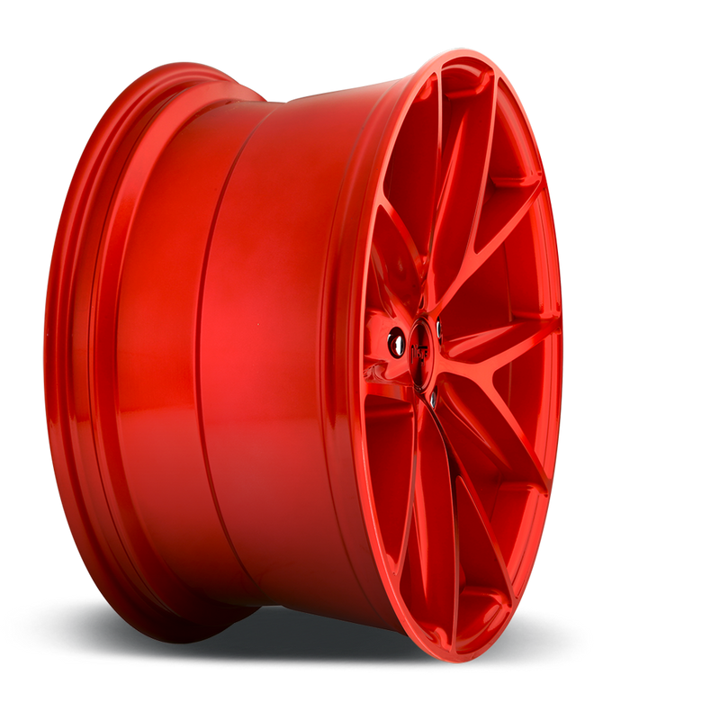 Side view of a Niche Misano monoblock cast aluminum 5 V shape spoke automotive wheel in a candy red finish and a Niche logo center cap.