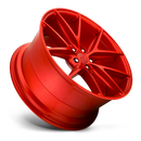 Tilted side view of a Niche Misano monoblock cast aluminum 5 V shape double spoke automotive wheel in a candy red finish with a Niche logo center cap.
