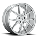 Niche Misano monoblock cast aluminum 5 V shape double spoke automotive wheel in a chrome finish with a Niche black logo center cap.
