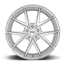 Front face view of a Niche Misano monoblock cast aluminum 5 double V-shape spoke automotive wheel in a chrome finish with a Niche logo center cap.