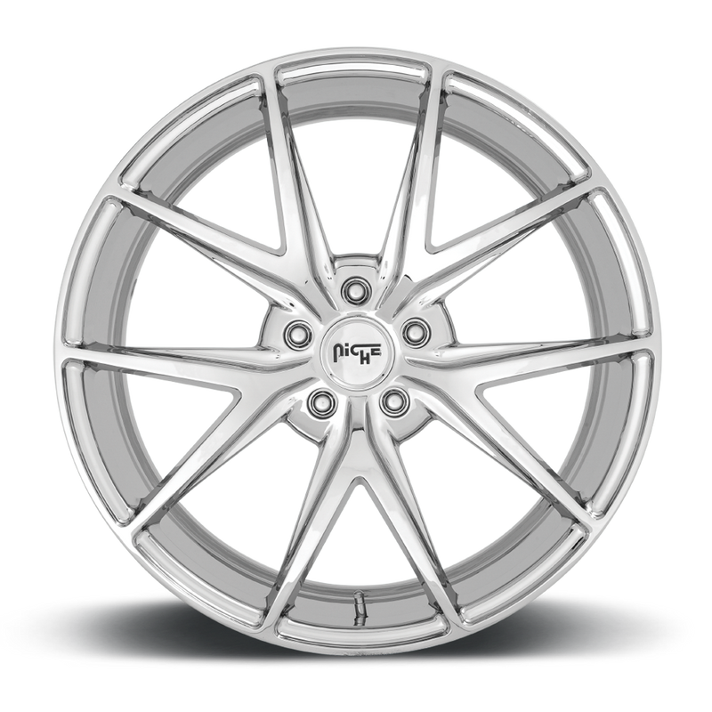 Front face view of a Niche Misano monoblock cast aluminum 5 V shape double spoke automotive wheel in a chrome finish with a Niche black logo center cap.