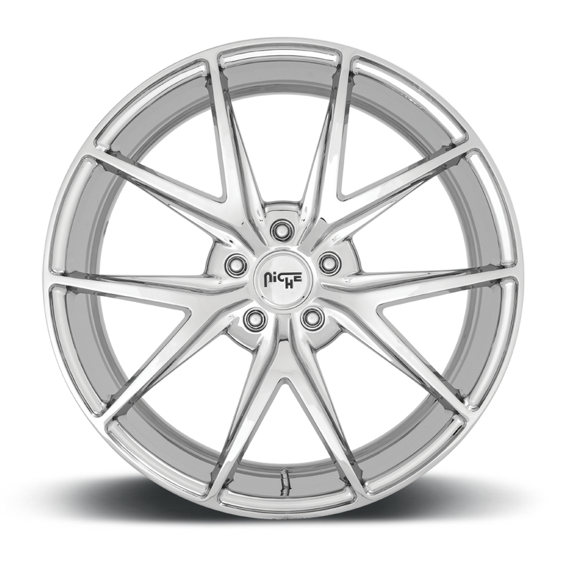 Front face view of a Niche Misano monoblock cast aluminum 5 double V-shape spoke automotive wheel in a chrome finish with a Niche logo center cap.