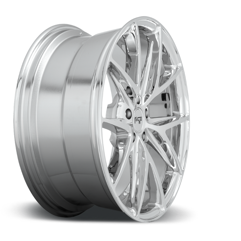 Side view of a Niche Misano monoblock cast aluminum 5 double V-shape spoke automotive wheel in a chrome finish with a Niche logo center cap.