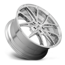 Tilted side view of a Niche Misano monoblock cast aluminum 5 V shape double spoke automotive wheel in a chrome finish with a Niche black logo center cap.