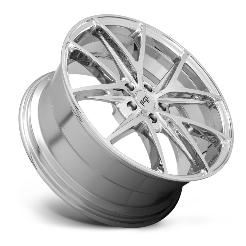 Tilted side view of a Niche Misano monoblock cast aluminum 5 V shape double spoke automotive wheel in a chrome finish with a Niche black logo center cap.