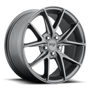 Niche Misano monoblock cast aluminum 5 double V-shape spoke automotive wheel in a gun metal gray finish with a Niche logo center cap.