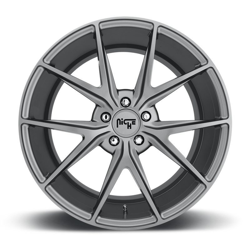 Front face of a Niche Misano monoblock cast aluminum 5 double V-shape spoke automotive wheel in a gun metal gray finish with a Niche logo center cap.