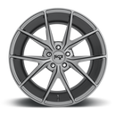 Front face view of a Niche Misano monoblock cast aluminum 5 V shape spoke automotive wheel in a gun metal gray finish and a Niche logo center cap.