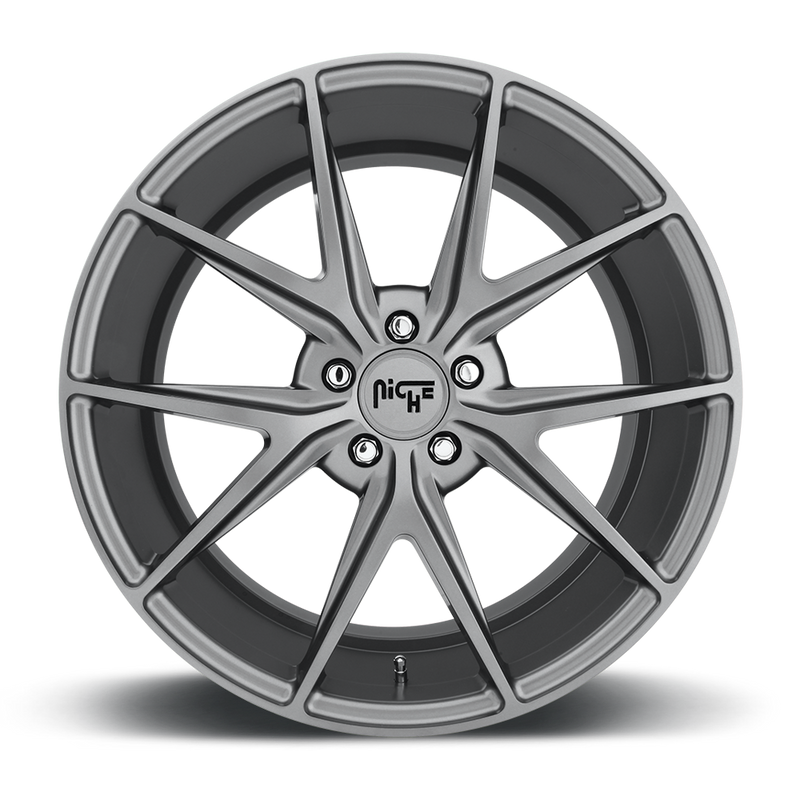 Front face view of a Niche Misano monoblock cast aluminum 5 V-shaped double spoke automotive wheel in a gun metal gray finish with a Niche logo center cap.