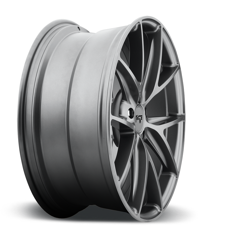 Side view of a Niche Misano monoblock cast aluminum 5 V shape double spoke automotive wheel in a gun metal gray finish with a Niche logo center cap.