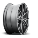 Side view of a Niche Misano monoblock cast aluminum 5 double V-shape spoke automotive wheel in a gun metal gray finish with a Niche logo center cap.