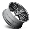 Tilted side view of a Niche Misano monoblock cast aluminum 5 V shape double spoke automotive wheel in a gun metal gray finish with a Niche logo center cap.