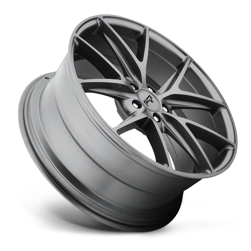 Tilted side view of a Niche Misano monoblock cast aluminum 5 V shape double spoke automotive wheel in a gun metal gray finish with a Niche logo center cap.