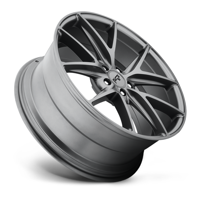 Tilted side view of a Niche Misano monoblock cast aluminum 5 V-shaped double spoke automotive wheel in a gun metal gray finish with a Niche logo center cap.