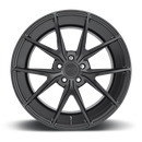 Front face view of a Niche Misano monoblock cast aluminum 5 V shape spoke automotive wheel in a matte black finish and a Niche logo center cap.