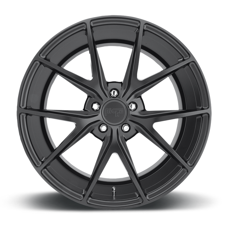 Front face view of a Niche Misano monoblock cast aluminum 5 V shape spoke automotive wheel in a matte black finish and a Niche logo center cap.