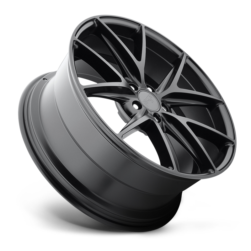 Tilted side view of a Niche Misano monoblock cast aluminum 5 V-shaped double spoke automotive wheel in a matte black finish with a Niche logo center cap.