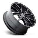 Tilted side view of a Niche Misano monoblock cast aluminum 5 V shape spoke automotive wheel in a matte black finish and a Niche logo center cap.