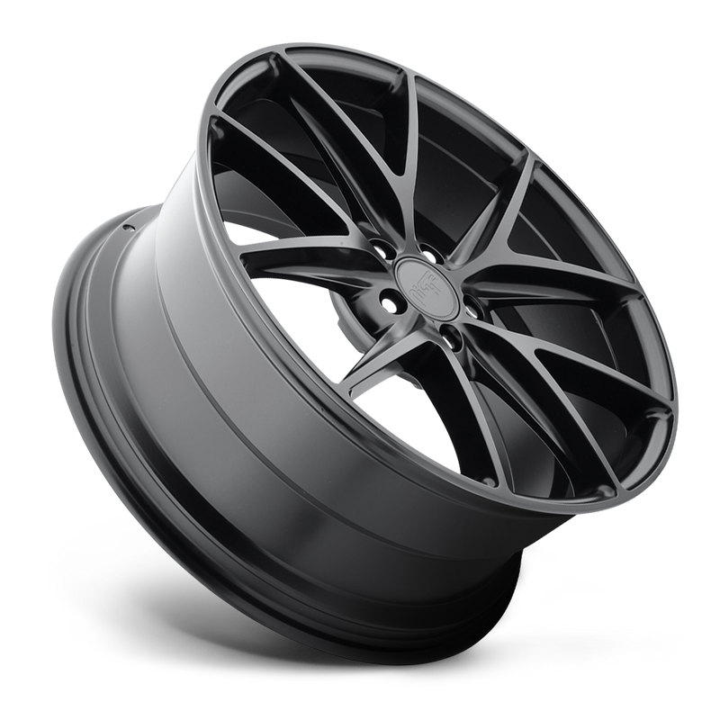 Tilted side view of a Niche Misano monoblock cast aluminum 5 double V-shape spoke automotive wheel in a matte black finish with a Niche logo center cap.
