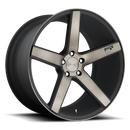 Niche Milan monoblock cast aluminum 5 spoke automotive wheel in a matte black machined double dark tint finish with an embossed Niche logo in one spoke and a Niche silver logo center cap.