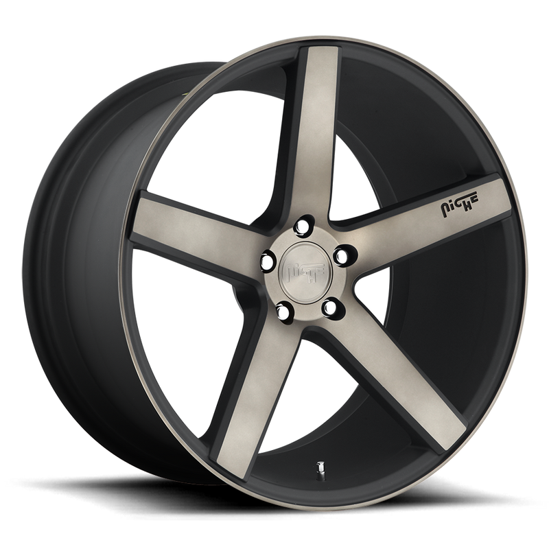 Niche Milan monoblock cast aluminum 5 spoke automotive wheel in a matte black machined double dark tint finish with an embossed Niche logo in one spoke and a Niche silver logo center cap.