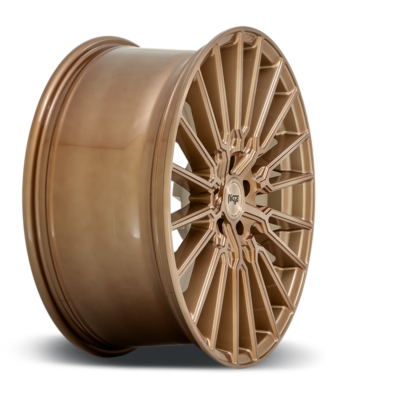 Side view of a Niche Premio monoblock cast aluminum 10 Y shape spoke automotive wheel in a brushed bronze finish with an embossed Niche logo in the outer lip and a Niche black logo center cap.