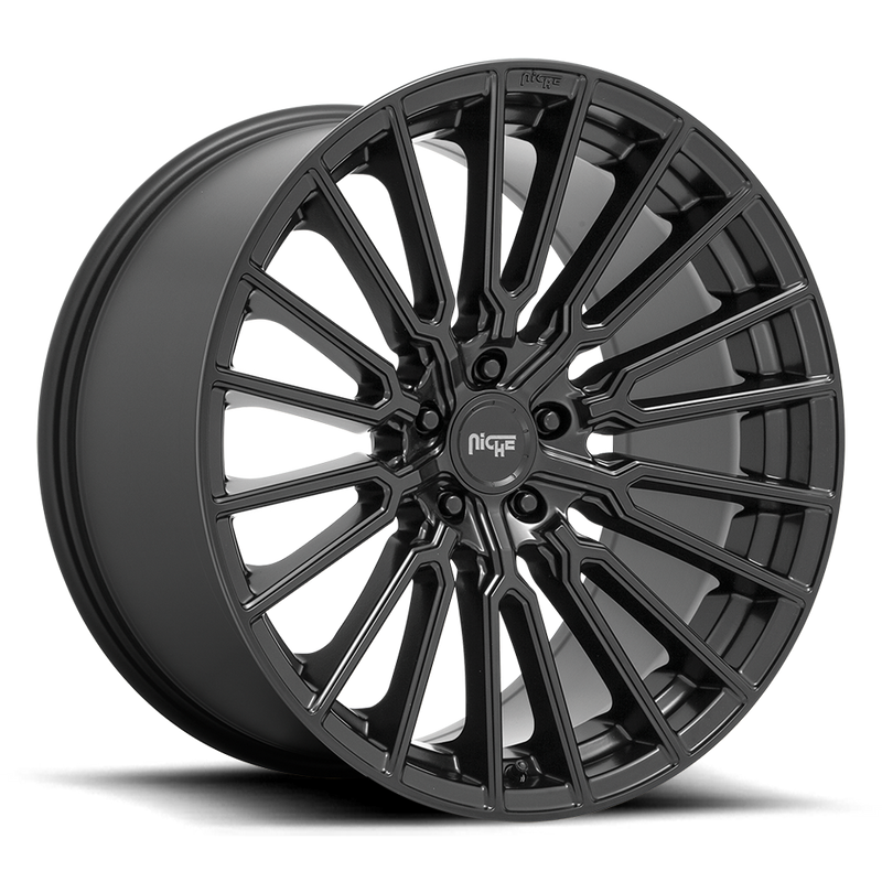 Niche Premio monoblock cast aluminum 10 Y shape spoke automotive wheel in a matte black finish with an embossed Niche logo in the outer lip and a Niche silver logo center cap.