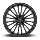 Front face view of a Niche Premio monoblock cast aluminum 10 Y shape spoke automotive wheel in a matte black finish with an embossed Niche logo in the outer lip and a Niche silver logo center cap.