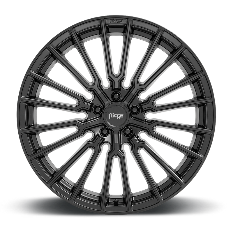 Front face view of a Niche Premio monoblock cast aluminum 10 Y shape spoke automotive wheel in a matte black finish with an embossed Niche logo in the outer lip and a Niche silver logo center cap.