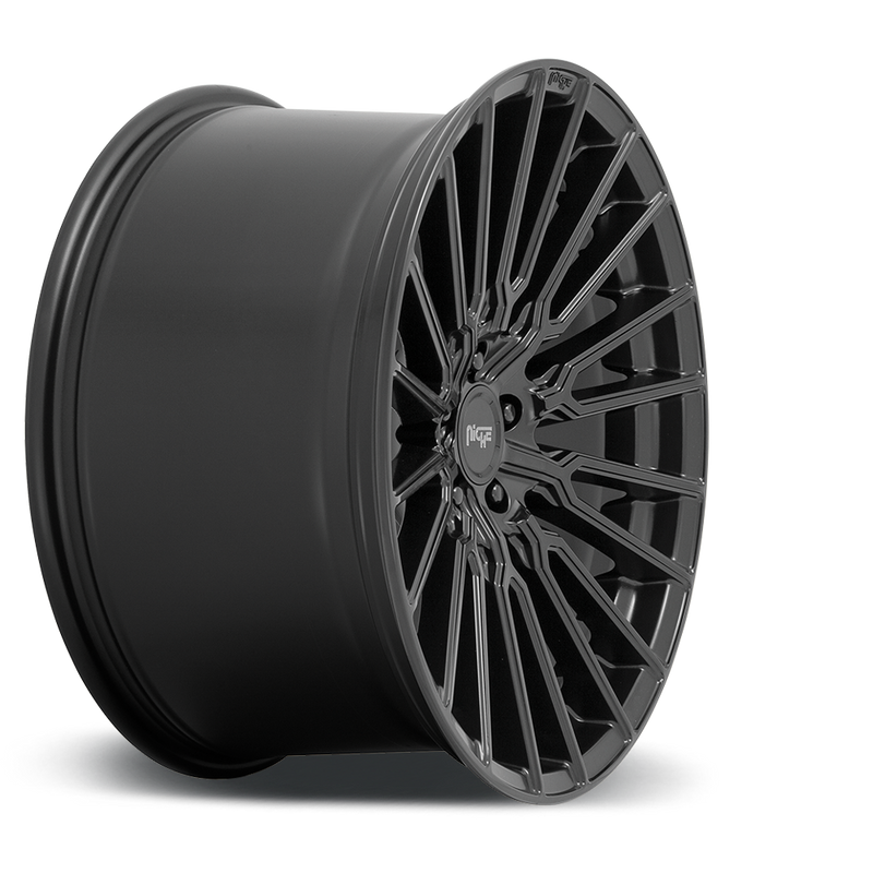 Side view of a Niche Premio monoblock cast aluminum 10 Y shape spoke automotive wheel in a matte black finish with an embossed Niche logo in the outer lip and a Niche silver logo center cap.