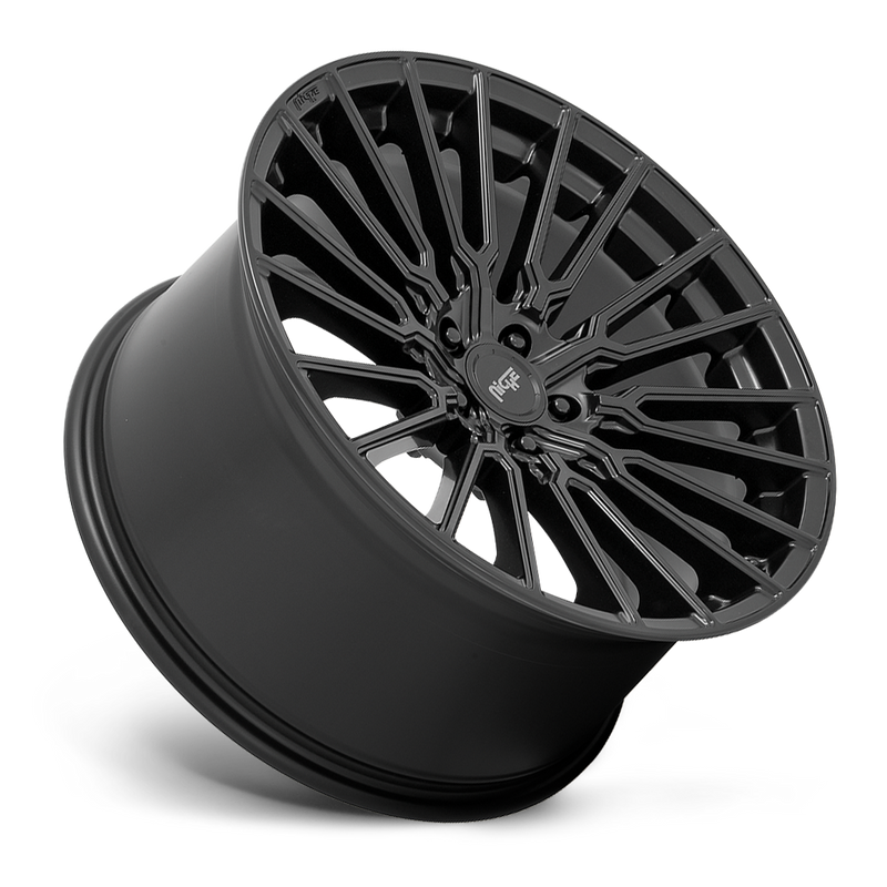 Tilted side view of a Niche Premio monoblock cast aluminum 10 Y shape spoke automotive wheel in a matte black finish with an embossed Niche logo in the outer lip and a Niche silver logo center cap.
