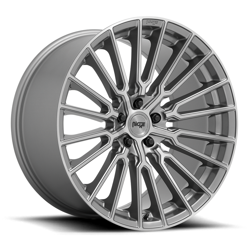 Niche Premio monoblock cast aluminum 10 Y shape spoke automotive wheel in a platinum finish with an embossed Niche logo in the outer lip and a Niche black logo center cap.