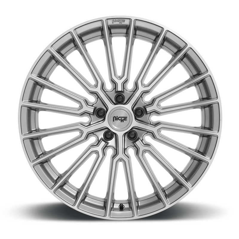 Front face view of a Niche Premio monoblock cast aluminum 10 double spoke automotive wheel in a platinum finish with an embossed Niche Logo Eon the outer lip and a Niche logo center cap.