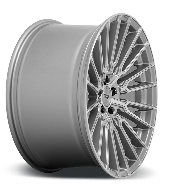 Side view of a Niche Premio monoblock cast aluminum 10 double spoke automotive wheel in a platinum finish with an embossed Niche Logo Eon the outer lip and a Niche logo center cap.