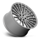 Tilted side view of a Niche Premio monoblock cast aluminum 10 Y spoke automotive wheel in a platinum finish with an embossed Niche logo in outer edge and a Niche black logo center cap.