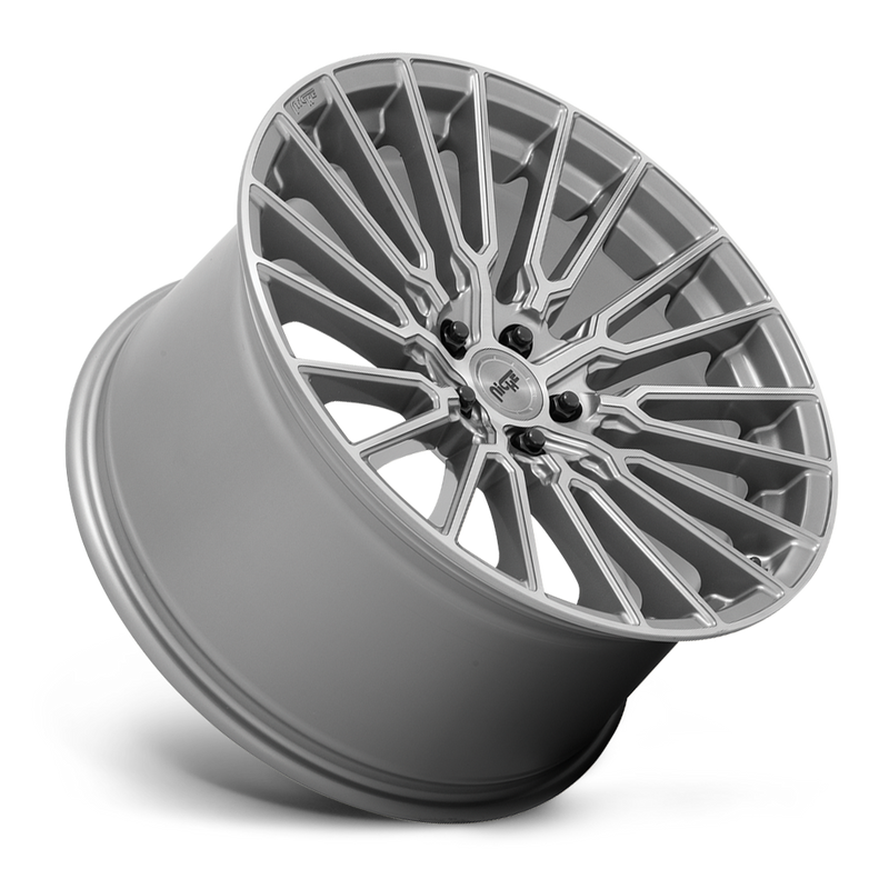 Tilted side view of a Niche Premio monoblock cast aluminum 10 double spoke automotive wheel in a platinum finish with an embossed Niche Logo Eon the outer lip and a Niche logo center cap.