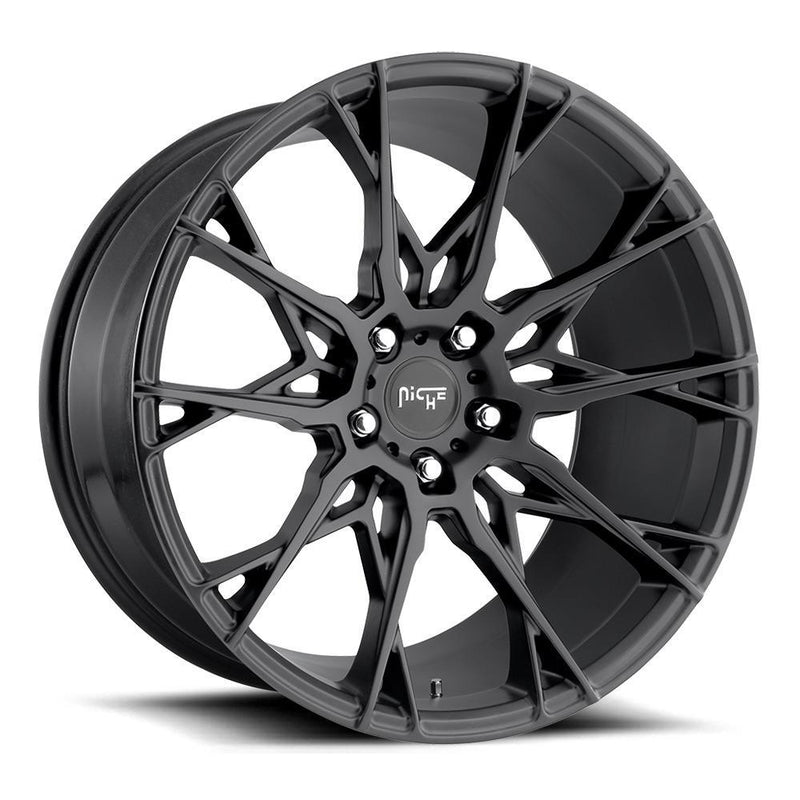 Niche Staccato monoblock cast aluminum 10 cross spoke design automotive wheel in a matte black finish with a Niche silver logo center cap.