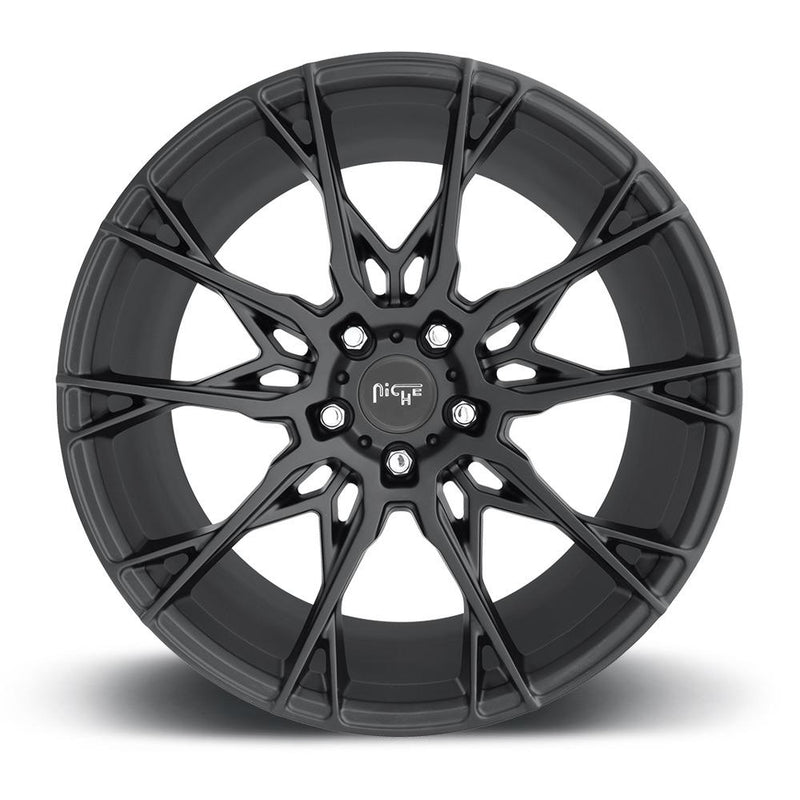 Front face view of a Niche Staccato monoblock cast aluminum 10 cross spoke design automotive wheel in a matte black finish with a Niche silver logo center cap.