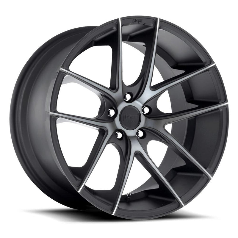Niche Targa monoblock cast aluminum 5 V shape spoke automotive wheel Iin a matte black finish with a double dark tint and an embossed Niche logo on the outer lip long with a Niche black logo center cap.